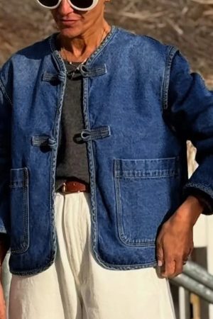 Sail Blue Vintage Fastening Big Patched Pockets Straight Cut Deep Wash Denim Jacket