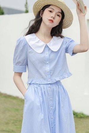 Blue Stripe College Style Skirt Design Two-piece Set