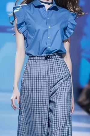 Blue Shirt And Loose Wide-leg Pants Two-piece Set