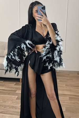 Black Satin Cardigan Tie-front Robe And Suspender Shorts Set