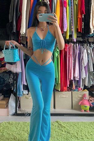 Streetwear Sexy Bandage Blue Suits 2000s Fashion Drawstring Halter Top And High Waist Flare Pants 2 Piece Set