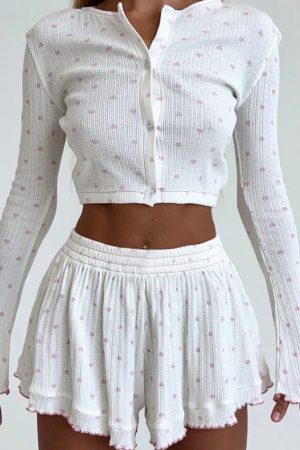 Heart Printing Fashion Long Sleeve Shorts Midriff Outfit Home Daily Wear Suit Pajamas