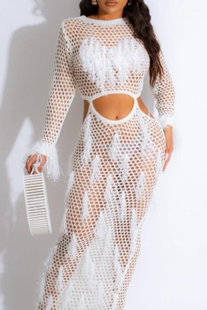 European And American Women's Clothing Knitted Hollow Tassel Midriff Outfit Beach Dress