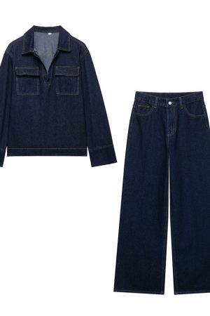 Fashion Loose Blue Denim 2-piece Set Vintage Long Sleeve Shirt Trousers