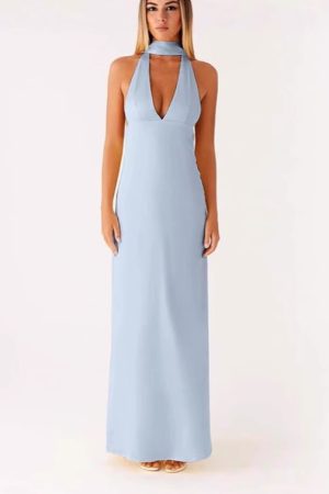 Womens Floral Halterneck Deep V-Neck Backless Bodycon Maxi Dress