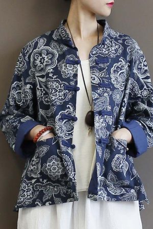 Cotton And Linen Jacket Women's Ethnic Blue Calico Cardigan