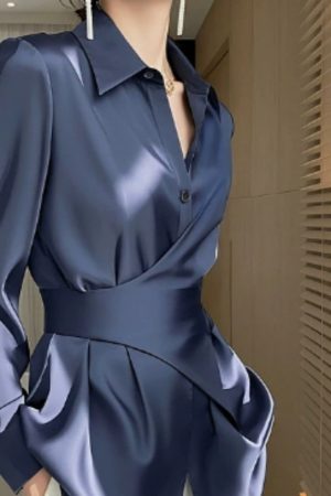 Blue Shirt Satin Waist Trimming Shirt Women's Clothing