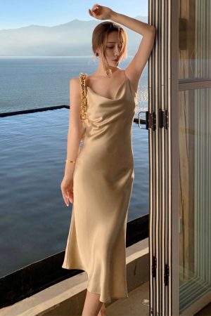 Sleek Acetate Satin Swing Neck Slip Dress