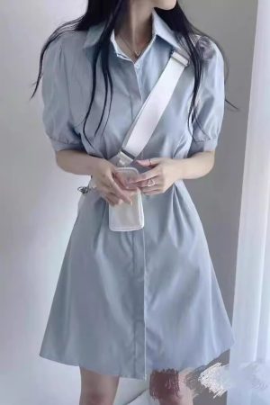 Blue Polo Collar Shirt Dress Women