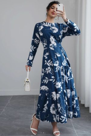 Blue Long-sleeved Round-neck Waist-tied Slim-fit Printed Midi Dress