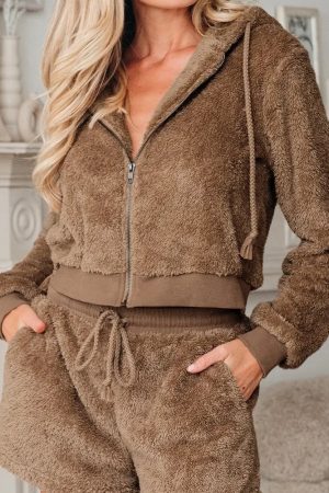 Parchment Zip Up Hoodie Drawstring Shorts Sherpa 2pcs Outfit