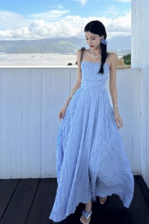 Summer Seaside Waves A Blue Sheer Vacation-style Backless Dress