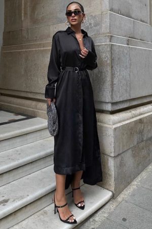 Haze Blue Waist-tight Satin Sexy Slit Dress