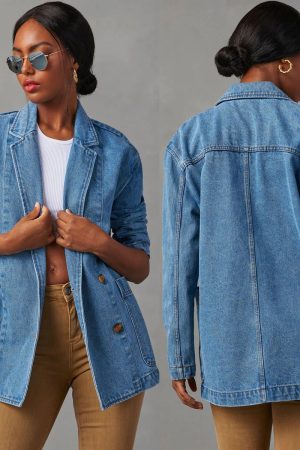 Washed Blue Denim Women's Suit Jacket