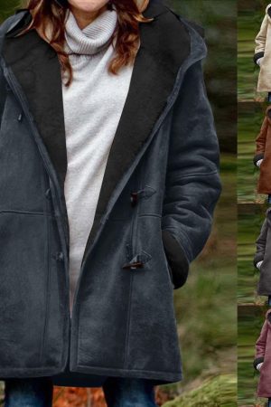 Suede Coat With Horn Buttons Fleece-lined For Warmth And Featuring Pockets