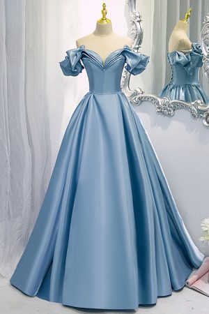 Women's Blue Satin Long French One-shoulder Costume