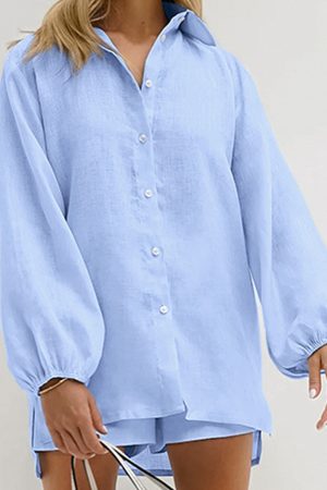 Loose Blue Cotton Long-sleeved Shirt And Shorts Two-piece Set