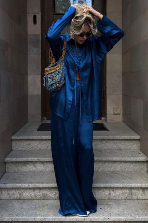 Dark Blue Satin Lapel Long Sleeve Lace-up Shirt And Trousers Two-piece Set