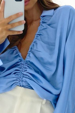 Fashion Ladies Satin Blue V-neck Long Sleeve Shirt