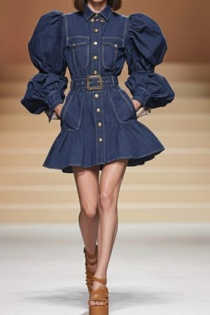 Puff Sleeve Belted Denim Shirt Dress Dark Blue Mini Silhouette