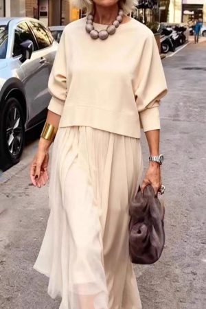 Solid-color Casual Knit Crew-neck Top And Mesh Slip Maxi Dress Two-piece Set