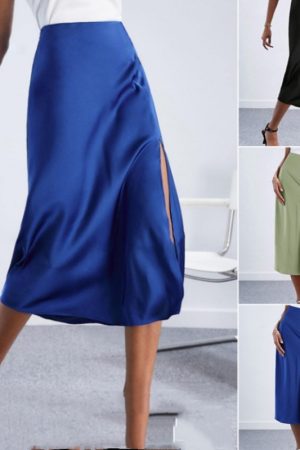 High-waist Satin Skirt, Slit Long Skirt, Satin Midi Skirt, Spring New Style
