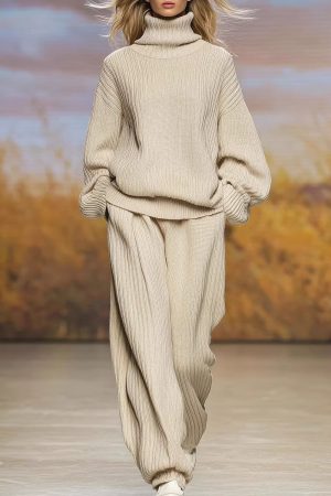 Knitted Loose Fitting Turtleneck And Wide Leg Pants Set