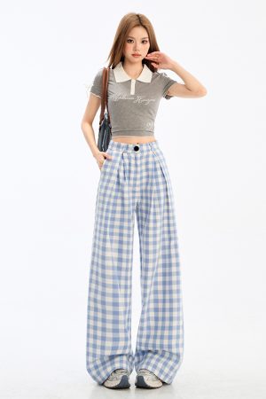 Blue Plaid Womens Loose-fitting Straight-leg Casual Pants