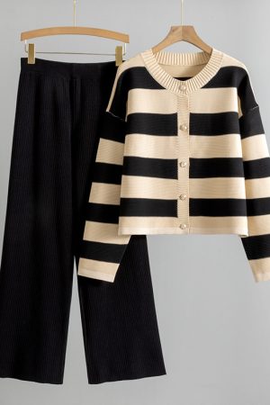 Stylish Eye-catching Short Striped Sweater Two-piece Set