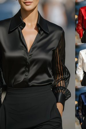 Solid Color Versatile Loose Satin Long Sleeve Shirt Women