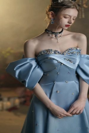 Satin Blue Off-shoulder Beaded Dress