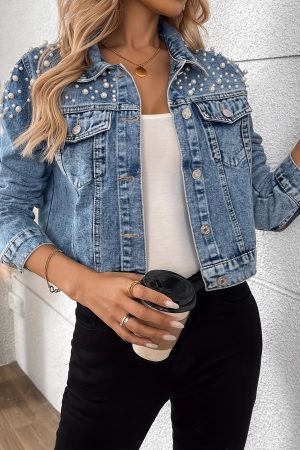 Womens Casual Short Pearl Denim Jacket