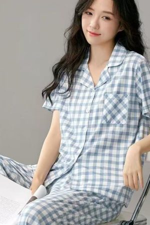 Women's Summer Cotton Short-sleeved Japanese Style Plaid Loose-fit Plus Size Outfit Suit