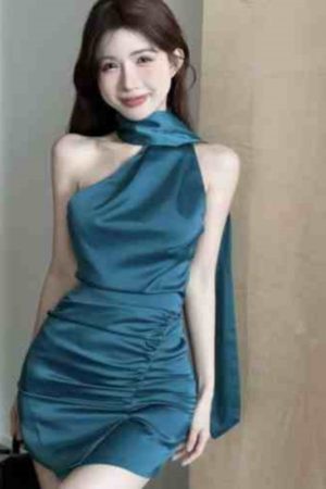 Peacock Blue Backless Satin Halter Dress