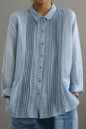 Womens Cotton-Linen Long-Sleeve Loose Shirt With Lace Trim