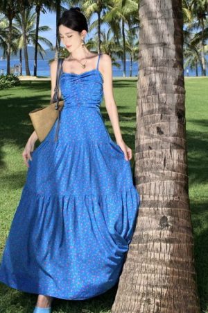 Floral Blue High-Waisted Slimming Dress For Women