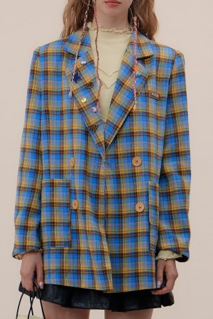 Blue And Yellow Checks Casual Suit Jacket Women