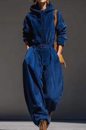 Blue Corduroy Hooded Top And Wide-leg Pants Set