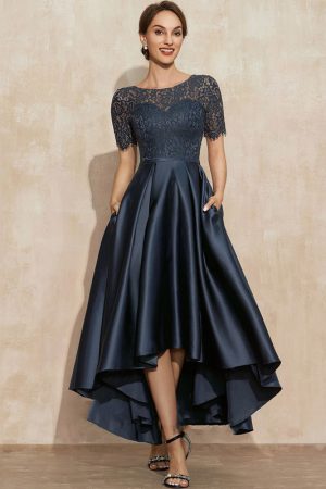 Navy Blue Satin Ball Lace Short Sleeve Dress