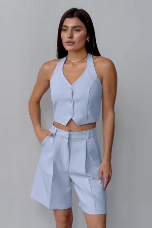 Leisure Loose-fitting Waistcoat Wide Leg Shorts Two-piece Set Blue Color Design Sense Suit Wholesale