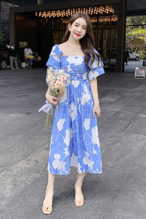 Blue Off Shoulder Fragmented Women's Dress