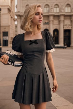 Womens Solid-Color French Square-Neck Slim-Fit Short-Sleeve Dress