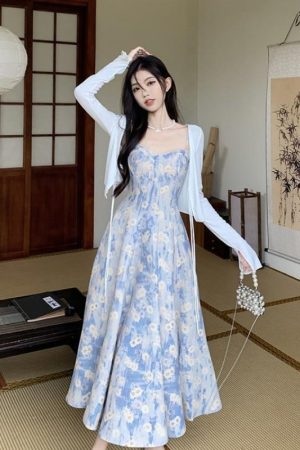 Blue Floral Halter Skirt Dress Two-piece Set