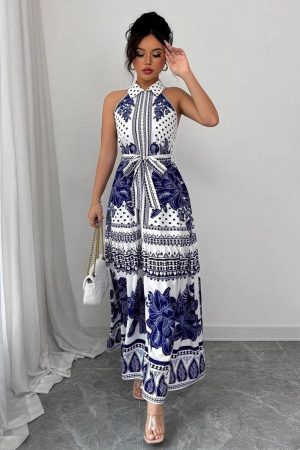 Off-the-shoulder A-line Dress Featuring A Classic Blue-and-white Porcelain Print For An Elegant Look