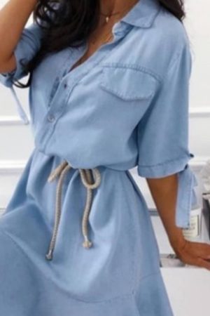 Women's Fashion Blue Lapel Casual Dress