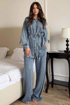 Fashionable Shirt-buttoned Tie-waisted Loose Jacket Denim Suit For Women