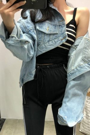 Vintage Washed Blue Curved Hem Front Short Back Long Denim Jacket