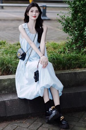 French-style Sophisticated Blue Sleeveless Slip Dress