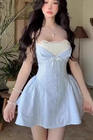 Pure Blue Striped Spaghetti Straps Dress