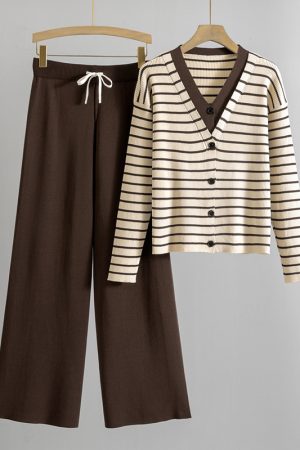 Fake Two-Piece Knitted Cardigan Top And Wide-Leg Pants Set